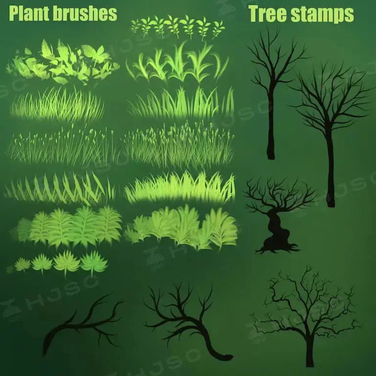 植物森林场景树叶杂草树木叶子procreate笔刷
