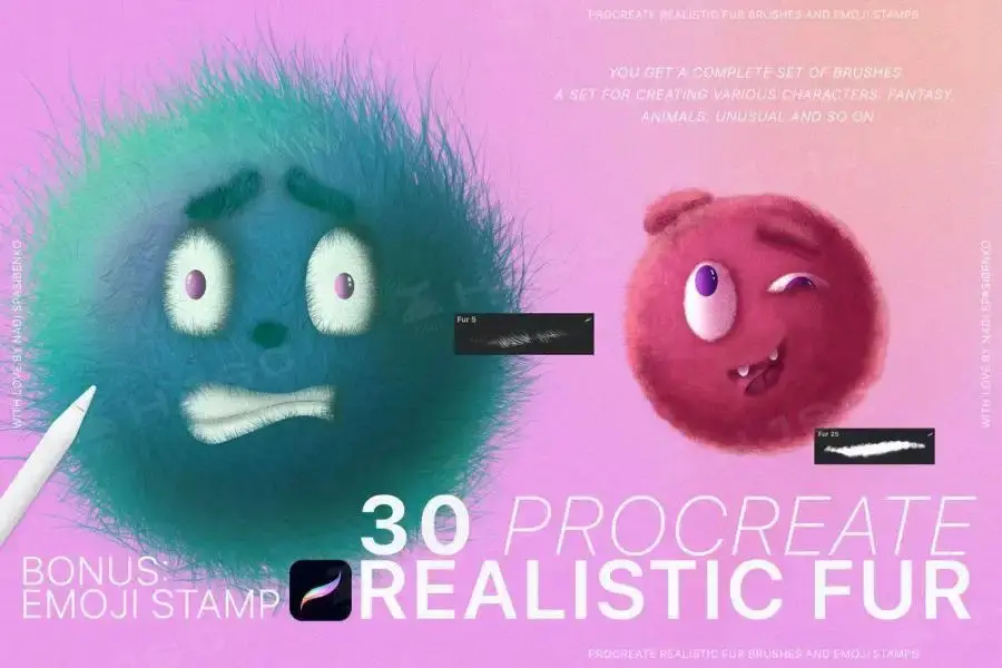 毛茸茸毛绒绒可爱动物毛绒蓬松毛发毛球procreate笔刷