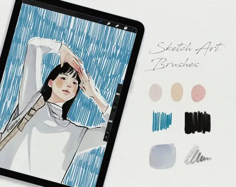 韩国插画师Leessuu素描人像画笔纸纹铅笔速写起稿procreate笔刷