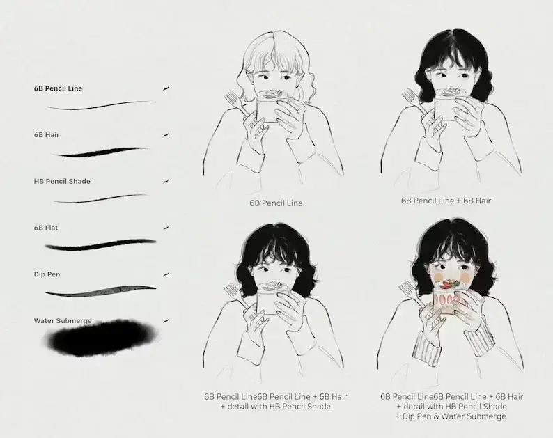 韩国插画师Leessuu素描人像画笔纸纹铅笔速写起稿procreate笔刷