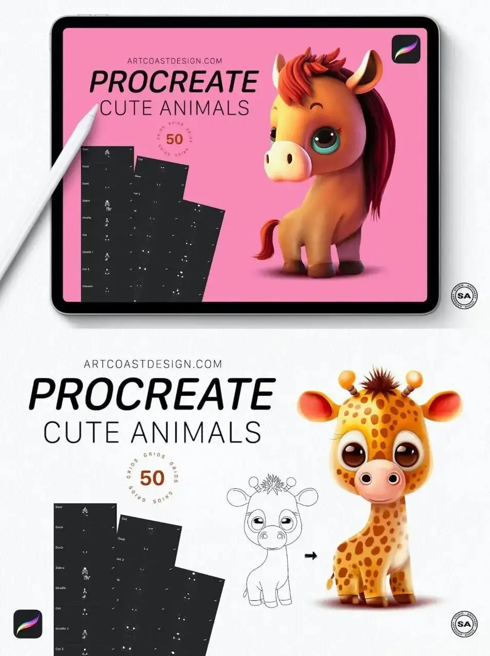 可爱的动物线稿Procreate笔刷
