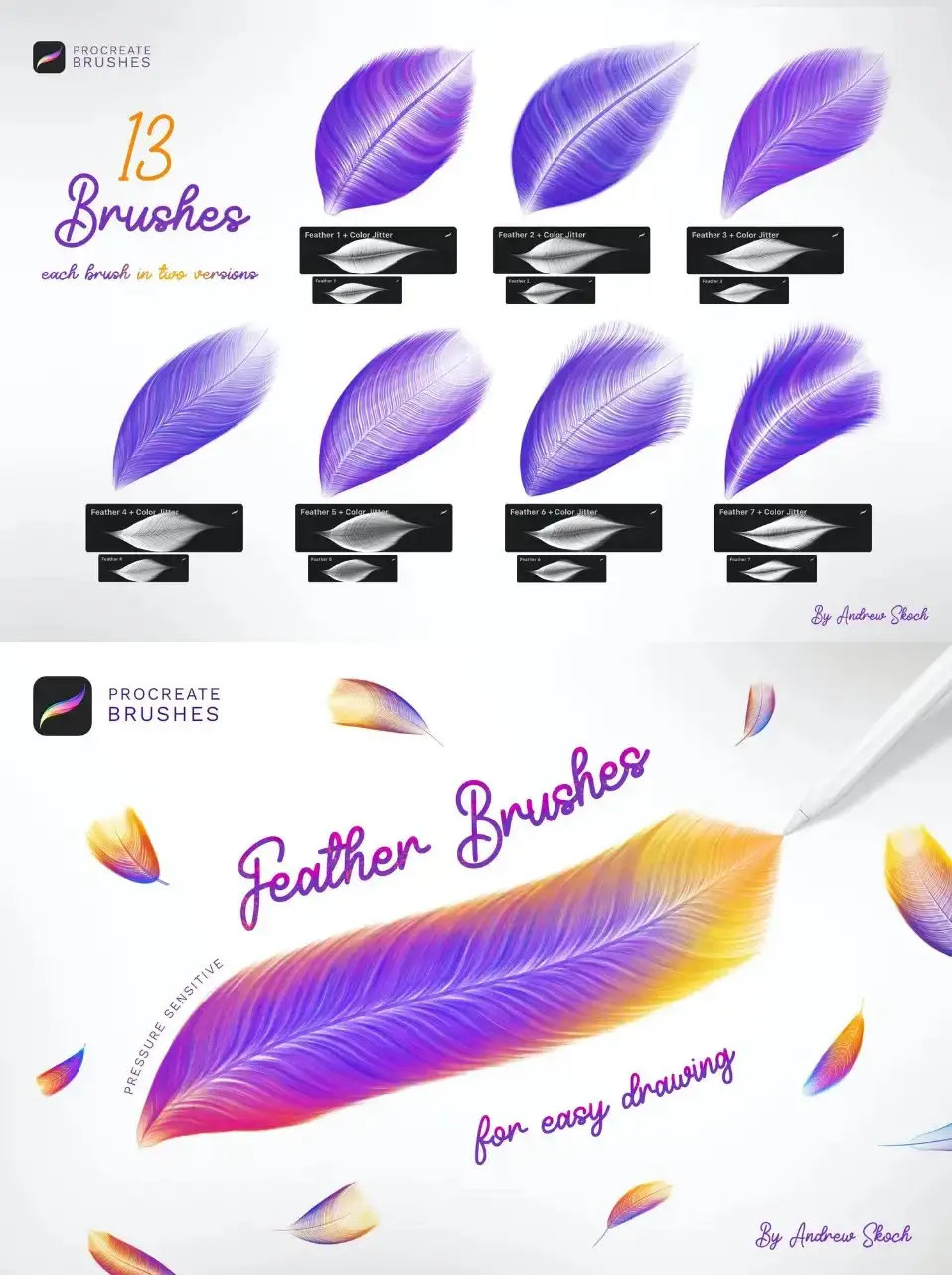 可爱卡通羽毛毛发画笔Procreate笔刷