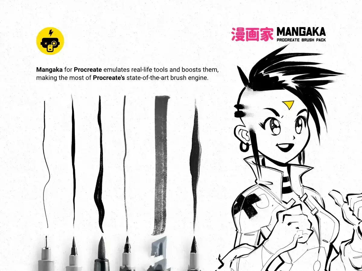 卡通黑白漫画水墨艺术插画Procreate笔刷