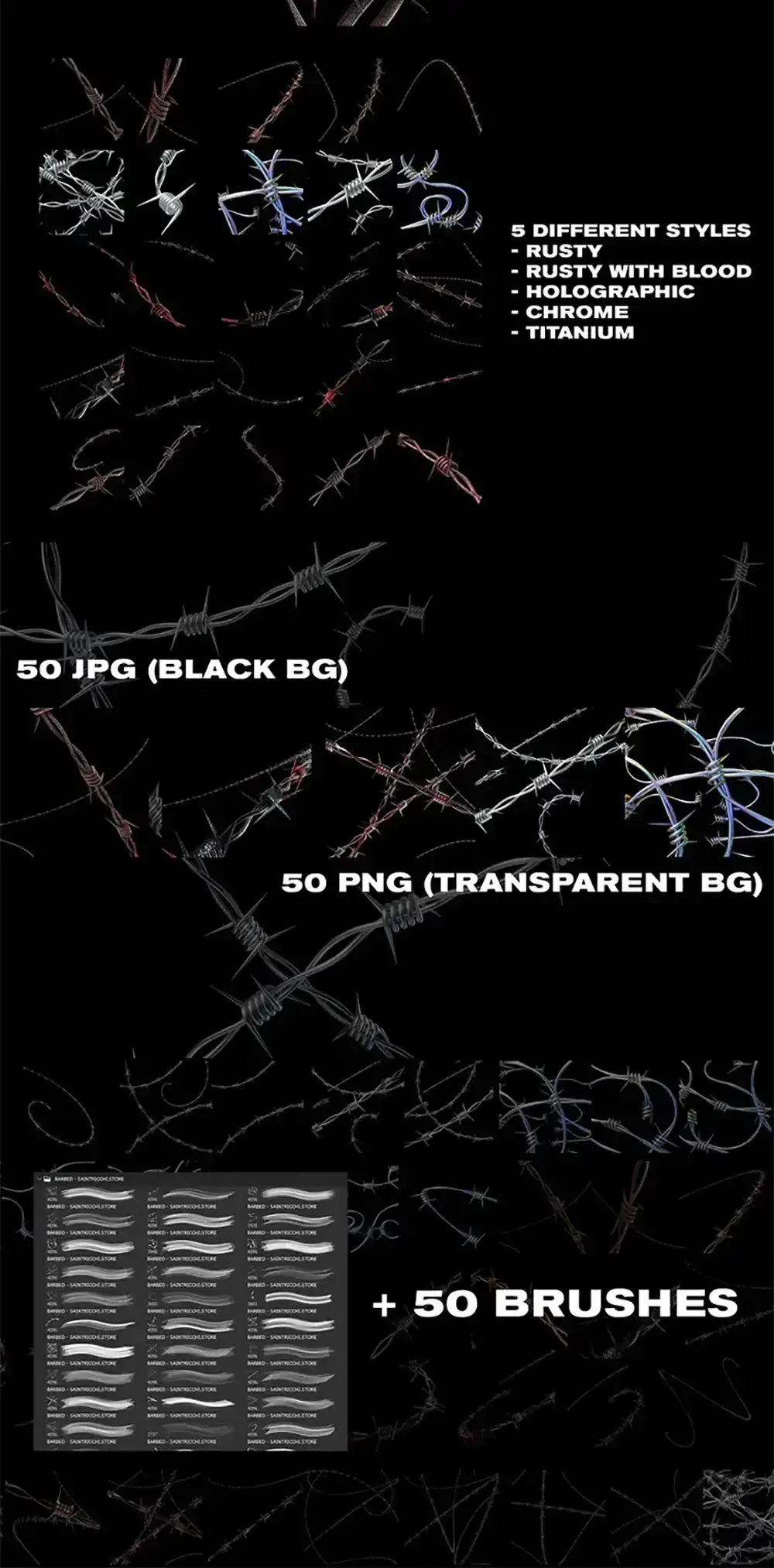潮流酸性艺术街头恐怖带刺铁丝网刺绳PS笔刷 附PNG图片